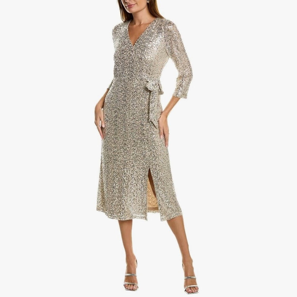 Gold Sequin Wrap Dress - Anne Klein